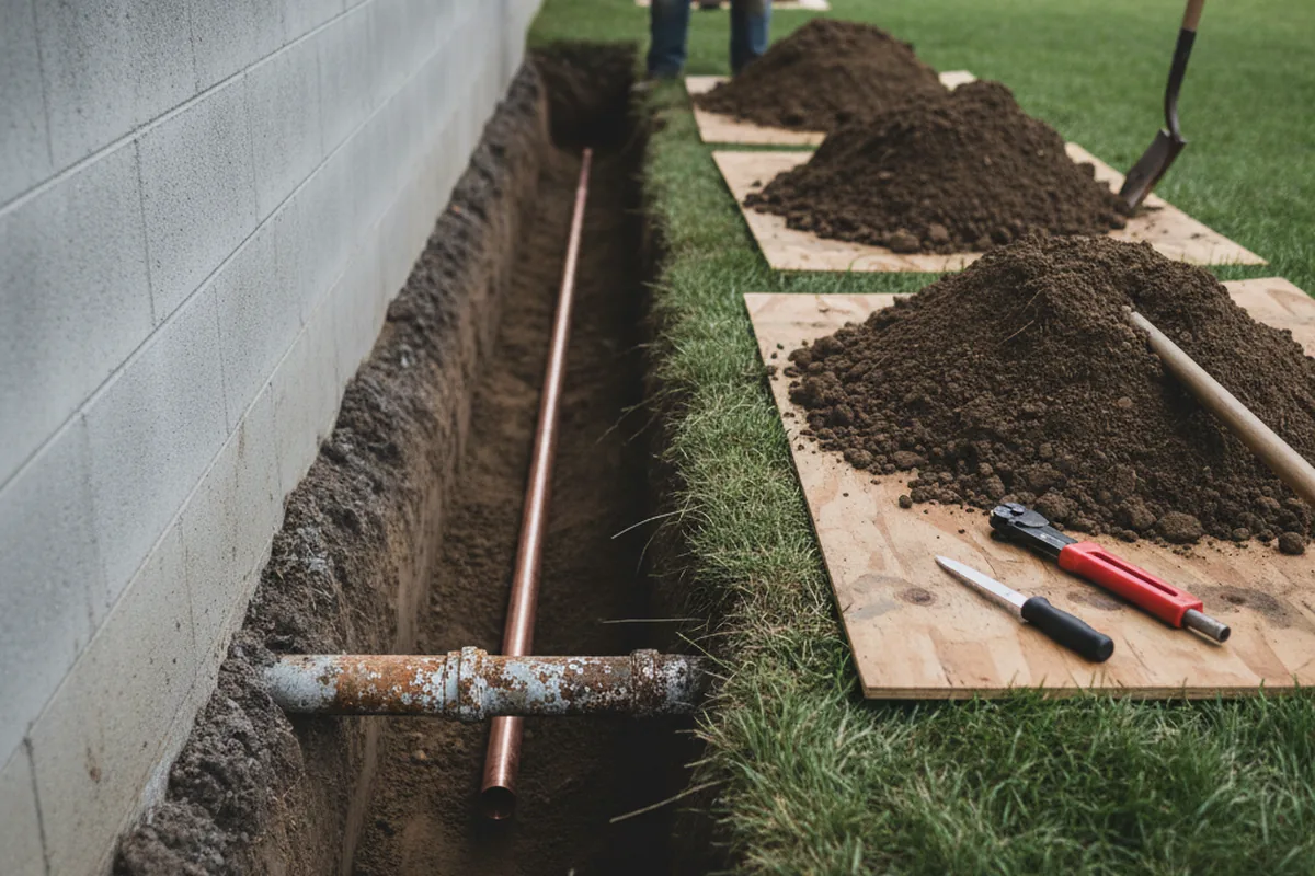 Excavated water line trench during Water Softener Installation in Gordonville